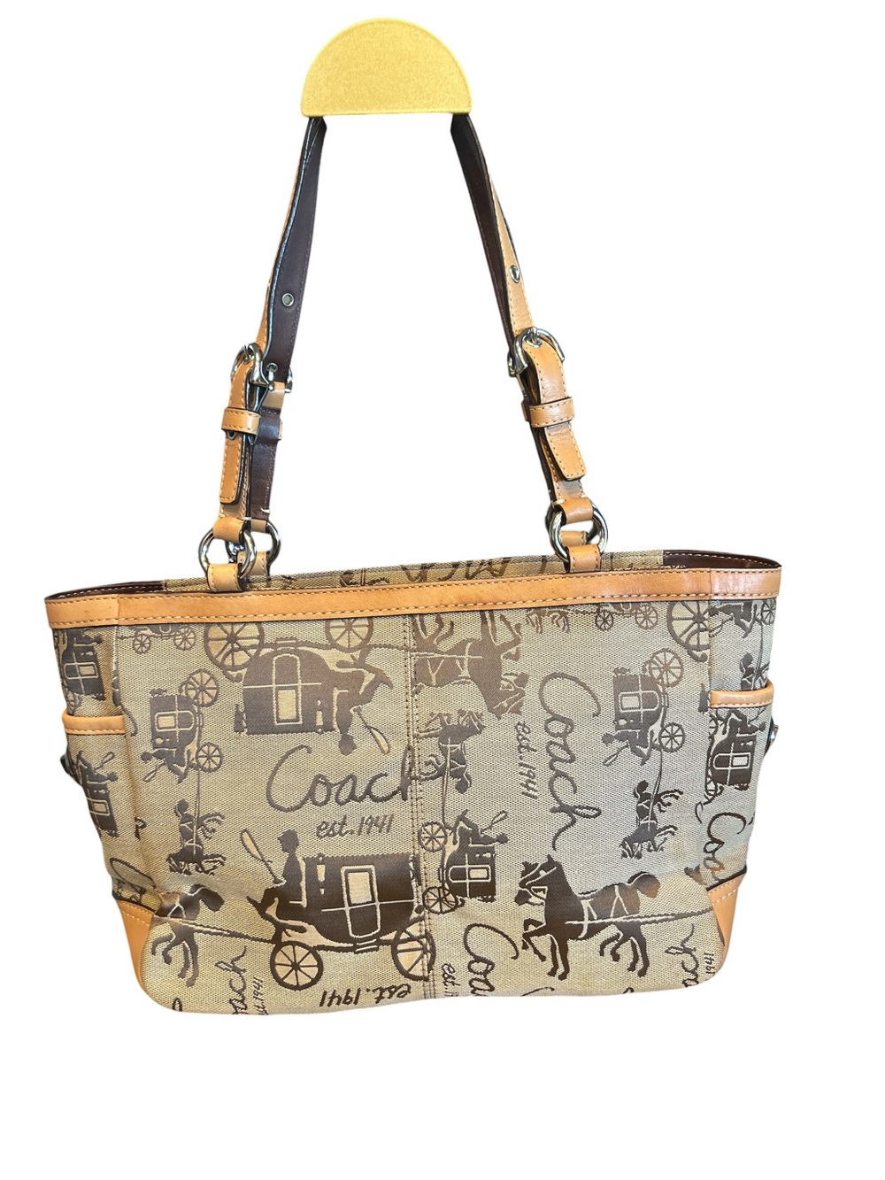 Coach Horse and Carriage print tote bag with brown leather trim. - Picture 4 of 8